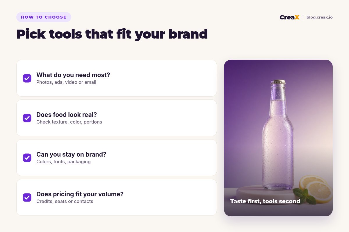 Checklist, pick tools that fit your food or drink brand: what you need most, whether food looks real, whether you can stay on brand, and whether pricing fits your volume.