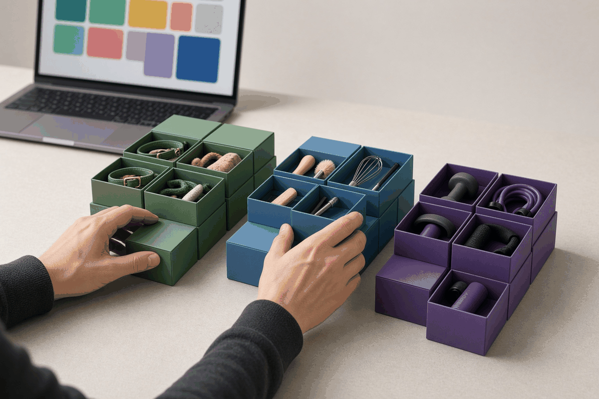 Hands sorting small product boxes into three color-coded groups for pets, kitchen and fitness, with a laptop showing store tiles in the background
