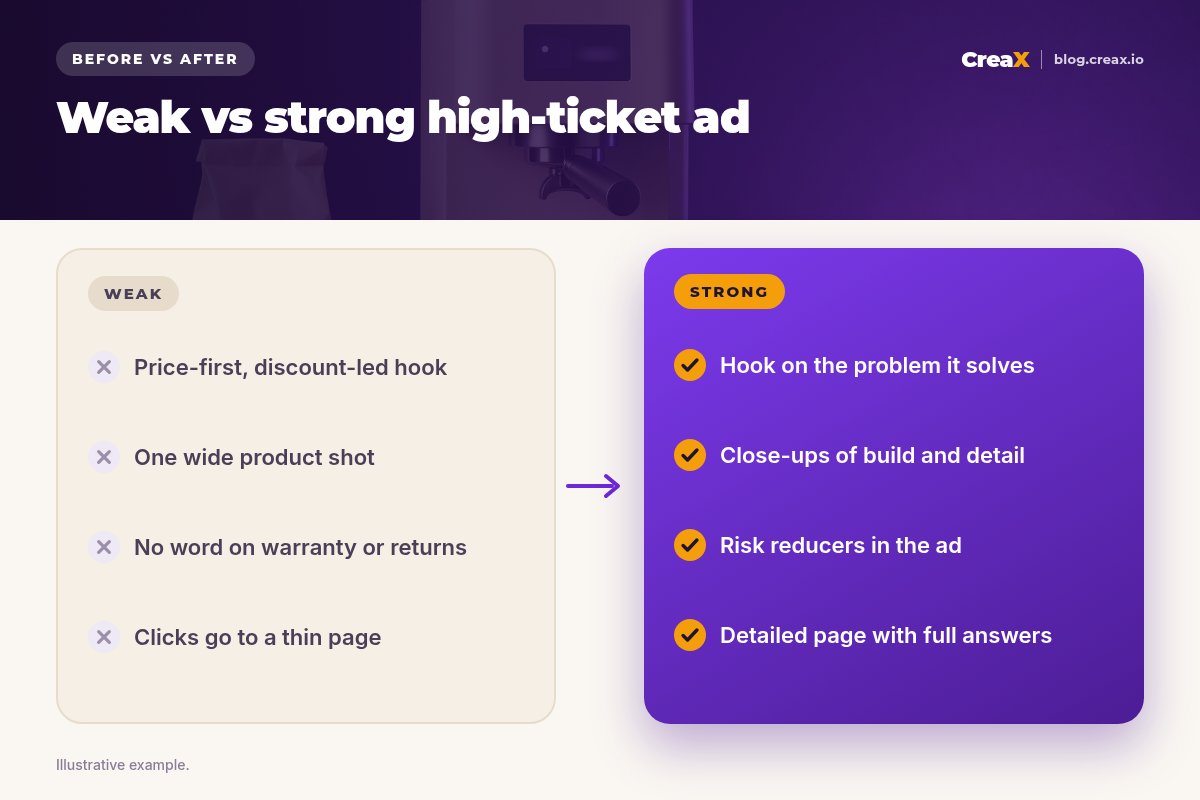 Before and after: a weak high-ticket ad leads with price, shows one wide shot, says nothing about warranty and sends clicks to a thin page; a strong one hooks on the problem, shows close-ups, includes risk reducers and links to a detailed page.