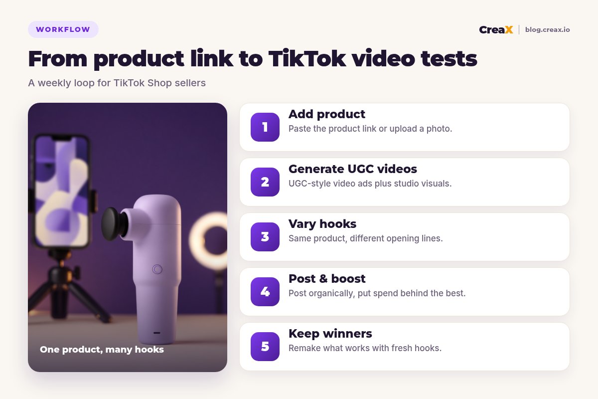 Five-step TikTok Shop workflow: add product, generate UGC-style videos, vary hooks, post and boost, keep winners.