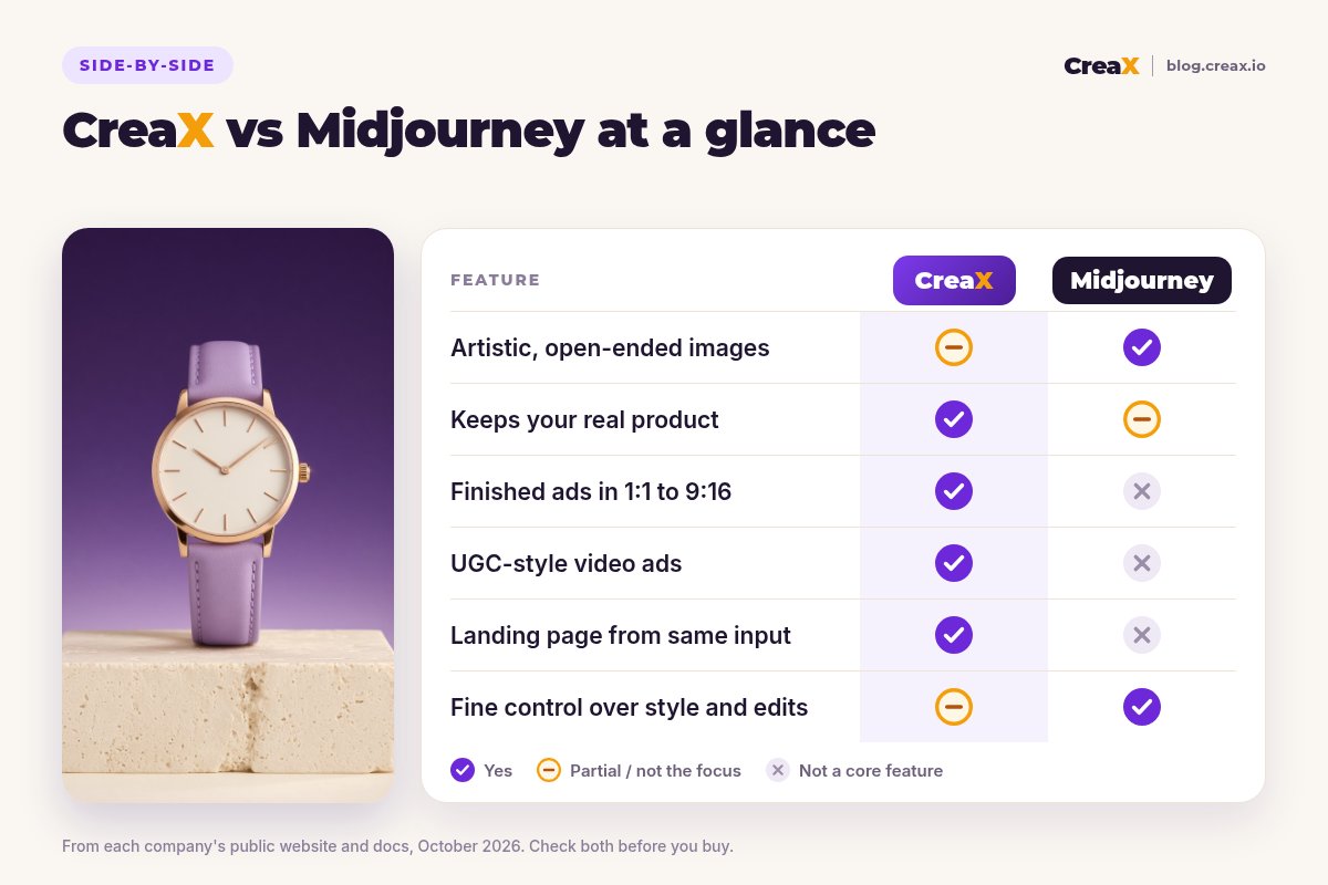 Comparison card, CreaX vs Midjourney at a glance: Midjourney leads on artistic open-ended images and fine control over style and edits; CreaX keeps your real product and adds finished ads in 1:1 to 9:16, UGC-style video ads and a landing page from the same input.