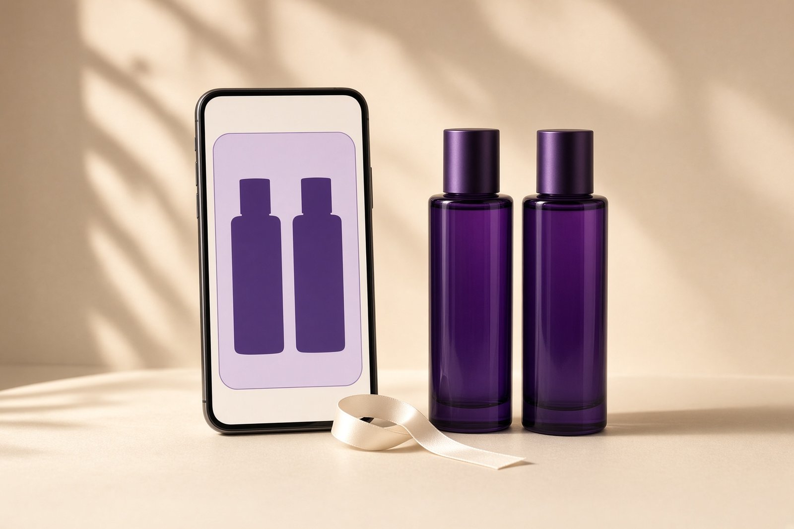 A smartphone on a cream table showing an abstract vertical ad with two identical violet product shapes side by side suggesting a bundle, the two real matching products placed beside the phone