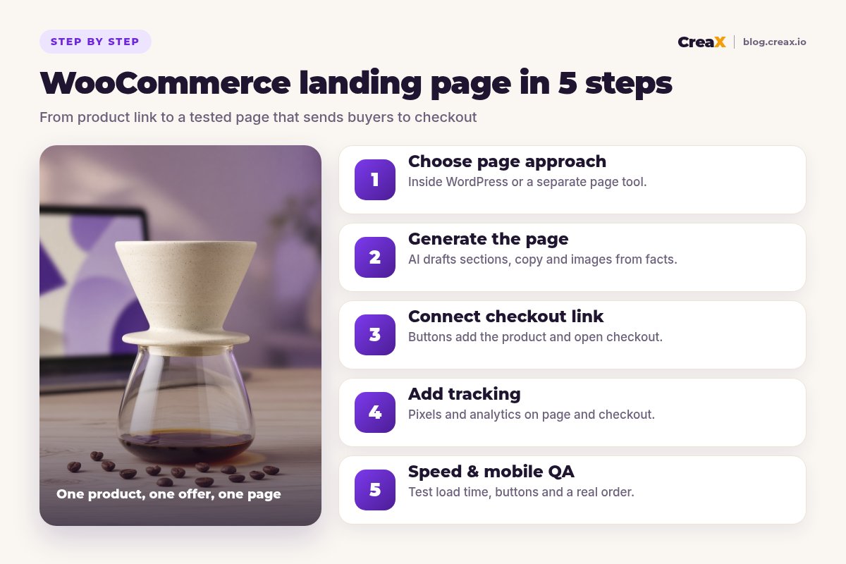 Five-step diagram for a WooCommerce landing page with AI: choose the page approach, generate the page, connect the checkout link, add tracking, and run speed and mobile QA.