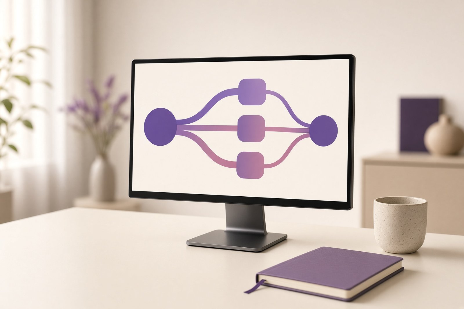 A desktop monitor on a cream desk showing an abstract violet and rose flow diagram of rounded nodes splitting into three paths and merging, representing traffic, pages and offers, with no text or numbers