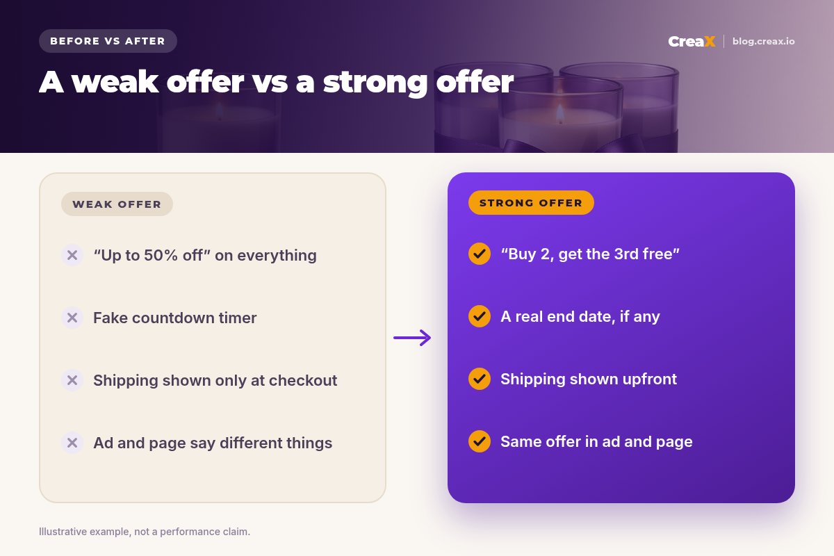 Before and after: weak offer (up to 50% off on everything, fake countdown timer, shipping shown only at checkout, ad and page say different things) versus strong offer (buy 2, get the 3rd free, a real end date if any, shipping shown upfront, same offer in ad and page).