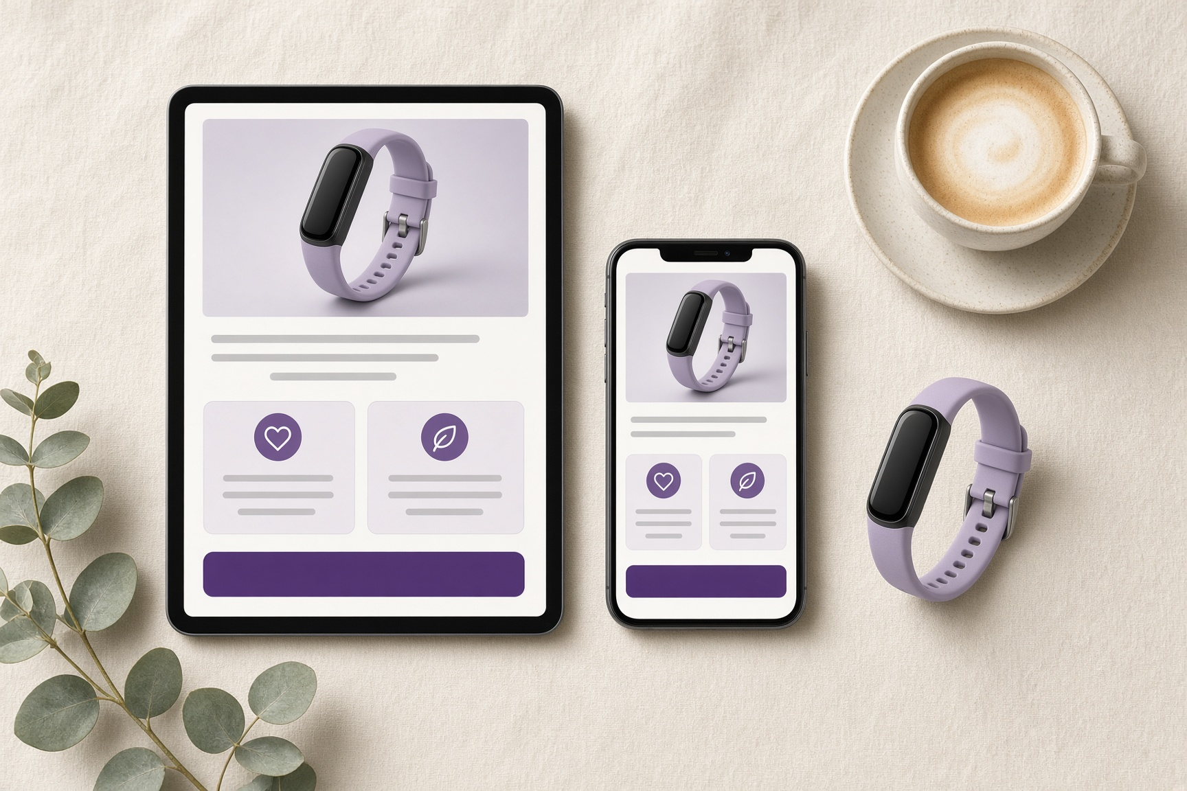 Tablet showing an abstract mobile pre-sell page next to a coffee cup and fitness band on a cream desk