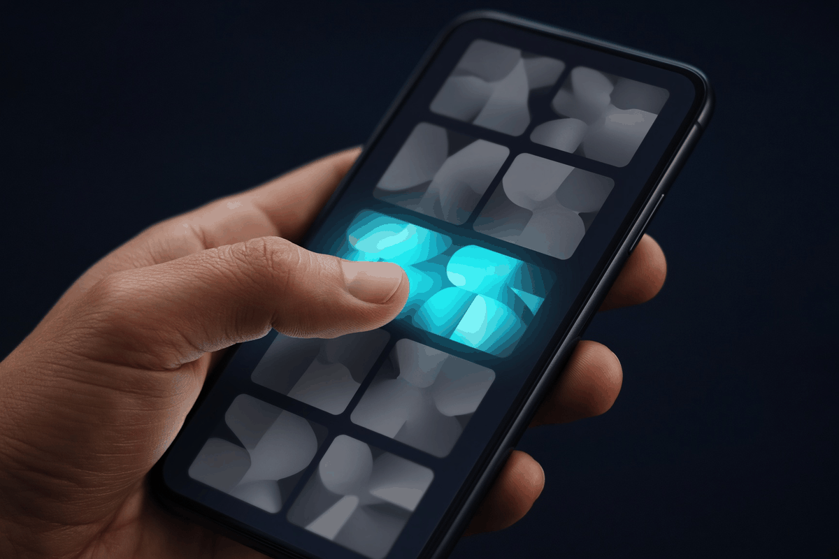 A thumb scrolling a smartphone feed of faded grey ad cards, with one bright cyan card standing out
