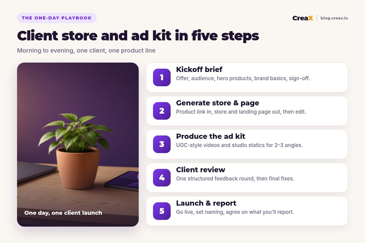 Steps infographic: client store and ad kit in five steps: kickoff brief, generate store and page, produce the ad kit, client review, launch and report.
