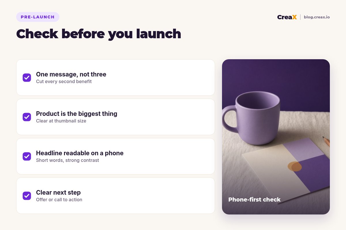 Pre-launch checklist for a static ad: one message, not three; product is the biggest thing; headline readable on a phone; clear next step.