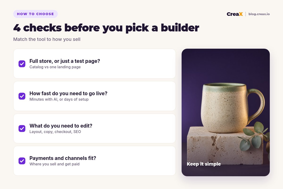 Checklist of 4 checks before picking a website builder: full store or test page, how fast to go live, what you need to edit, payments and channels fit.