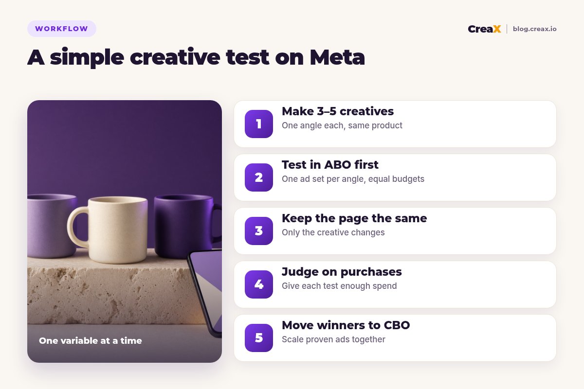 Five-step creative test on Meta: make three to five creatives, test in ABO first, keep the landing page the same, judge on purchases, move winners to CBO.