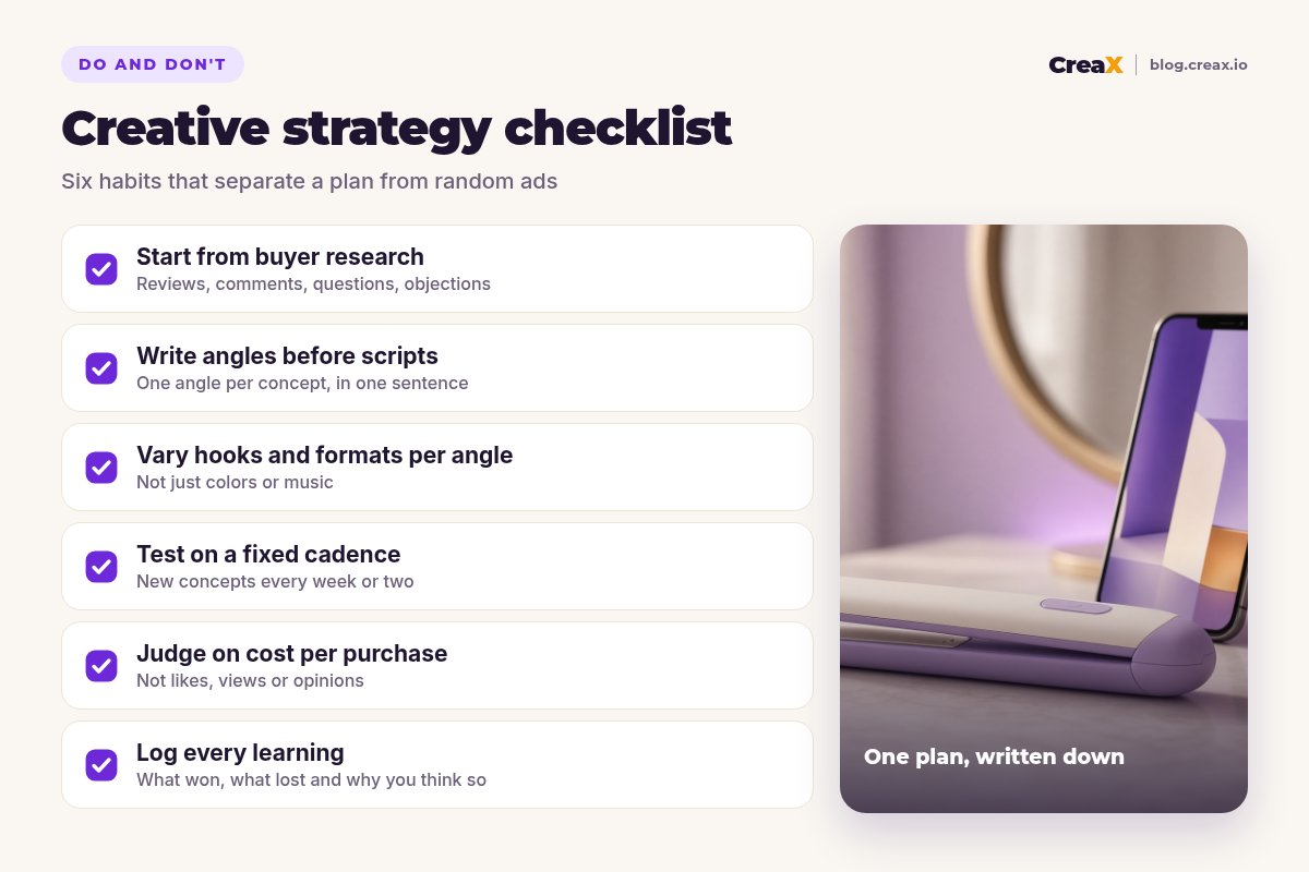 Creative strategy checklist: start from buyer research, write angles before scripts, vary hooks and formats per angle, test on a fixed cadence, judge on cost per purchase, log every learning.