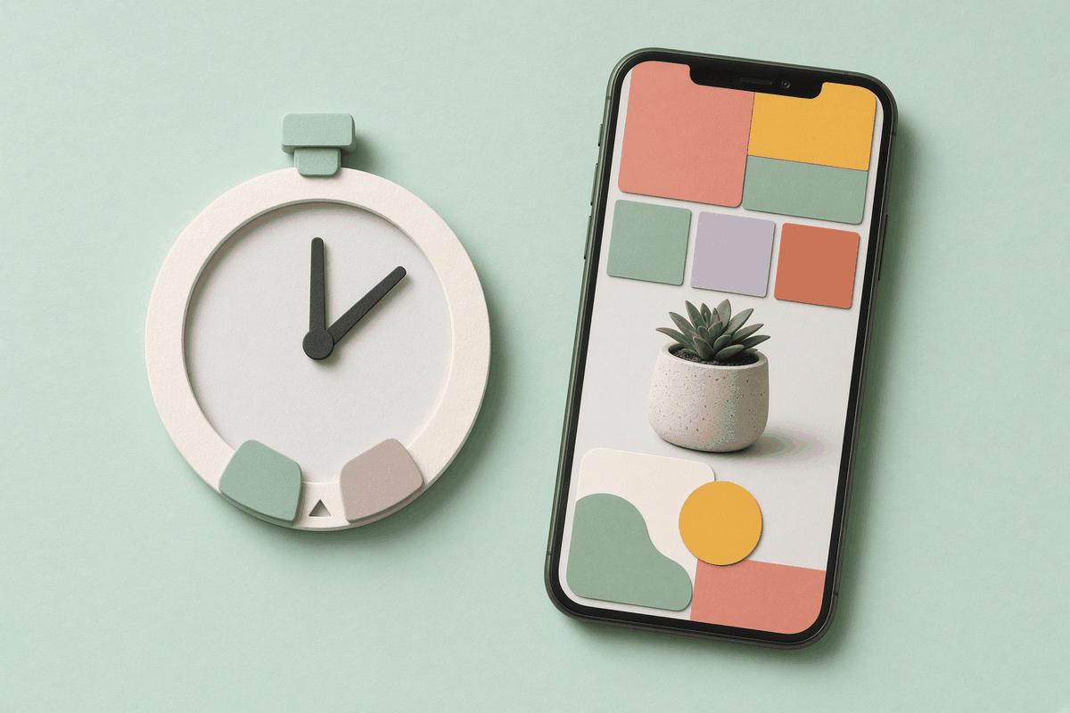 A paper cut-out stopwatch next to a smartphone showing an abstract product page and a small ceramic planter on a mint background
