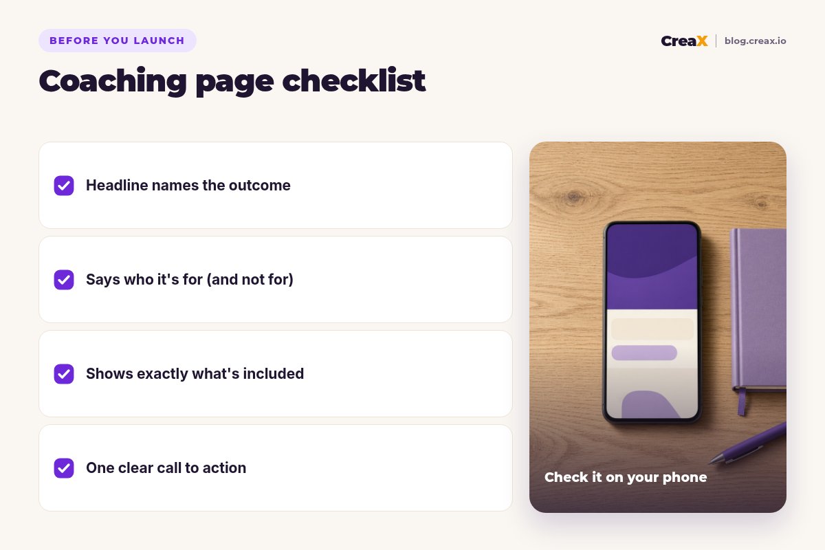Coaching landing page checklist with four items: the headline names the outcome, it says who the offer is for and not for, it shows exactly what's included, and it has one clear call to action.