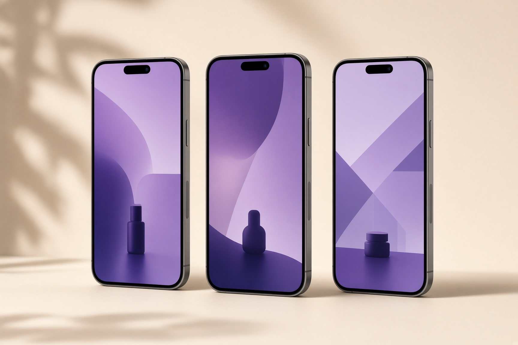 Three smartphones in a row each showing a different abstract vertical ad frame with soft purple gradients