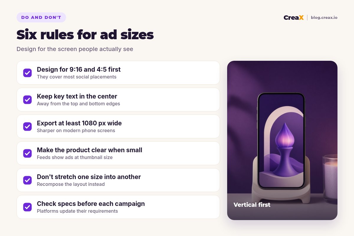 Checklist of six rules for ad sizes: design for 9:16 and 4:5 first, keep key text in the center, export at least 1080 pixels wide, make the product clear when small, don't stretch, and check specs before each campaign.