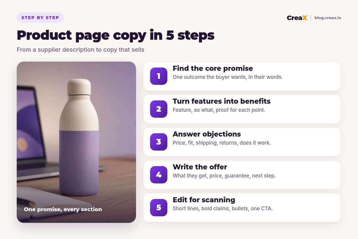 Five steps to write product page copy: find the core promise, turn features into benefits, answer objections, write the offer, edit for scanning.