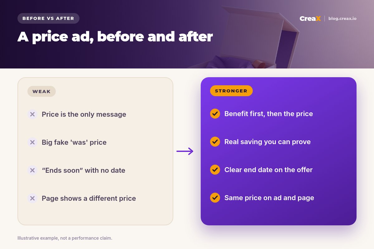 Before and after: a weak price ad where the price is the only message, with a fake was price, no end date and a different page price, versus a stronger ad with the benefit first, a real saving, a clear end date and the same price on ad and page.