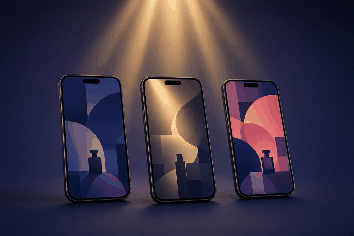 Three smartphones on a dark indigo surface each showing a different abstract ad concept, the middle one lit by a soft gold spotlight