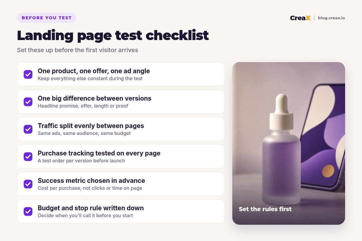 Landing page test checklist: one product, offer and ad angle; one big difference between versions; traffic split evenly; purchase tracking tested on every page; success metric chosen in advance; budget and stop rule written down.