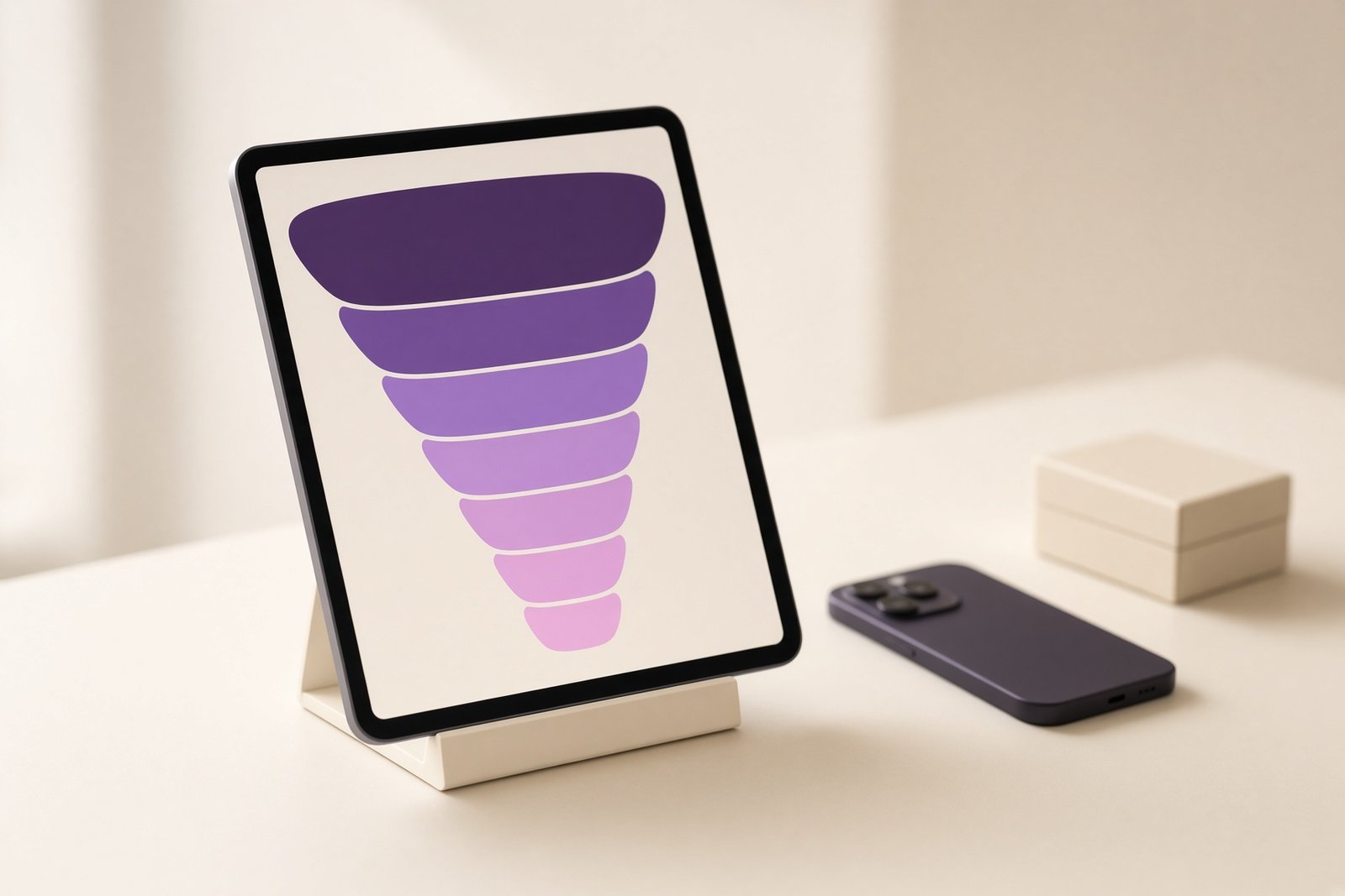 A tablet on a stand on a cream desk showing an abstract plum and pink funnel diagram of stacked rounded shapes next to a phone and a small boxed product