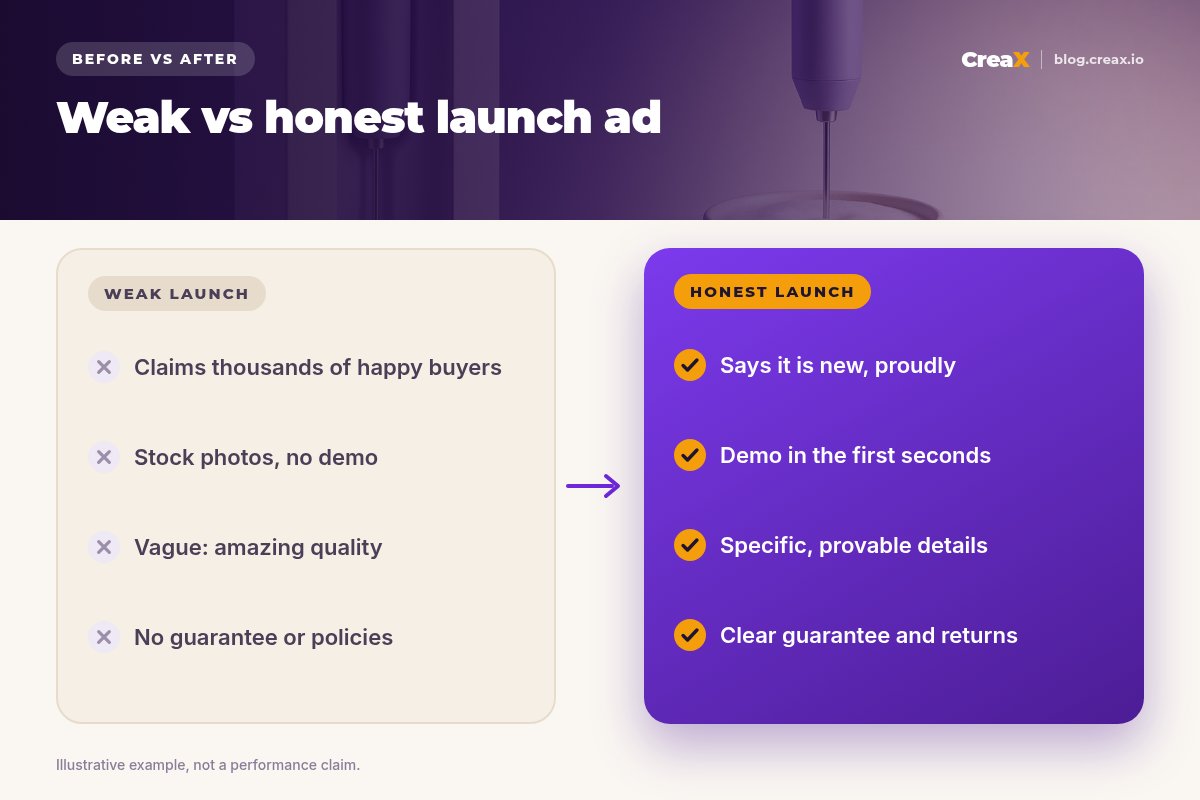 Before and after: a weak launch ad that claims thousands of happy buyers, uses stock photos, says amazing quality and has no guarantee, versus an honest launch ad that says it is new, shows a demo, uses provable details and offers a clear guarantee.