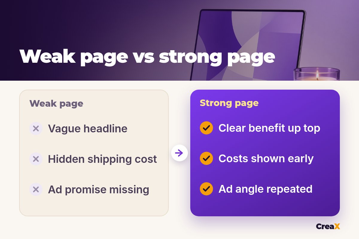 Before and after: weak page (vague headline, hidden shipping cost, ad promise missing) vs strong page (clear benefit up top, costs shown early, ad angle repeated).