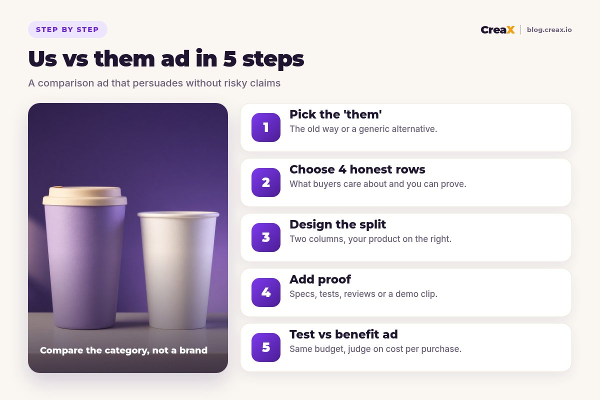 Five steps to make an us-vs-them ad: pick the 'them', choose 4 honest rows, design the split, add proof, test against a benefit ad.
