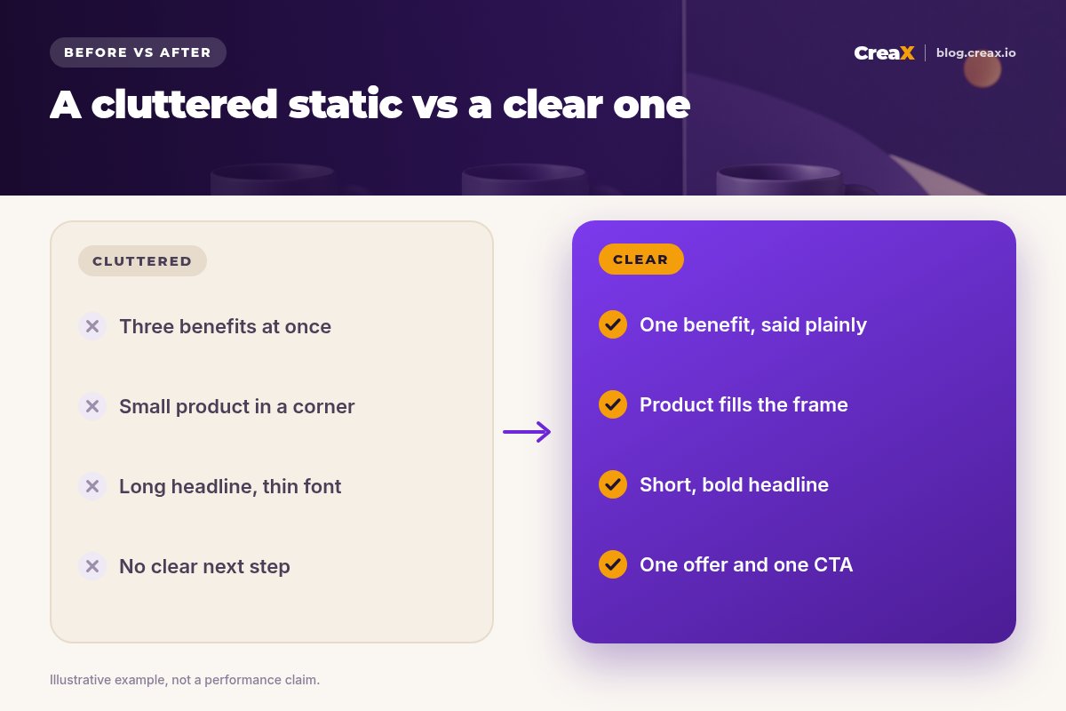 Before vs after static ad: cluttered (three benefits, small product, long thin headline, no next step) vs clear (one benefit, product fills the frame, short bold headline, one offer and CTA).
