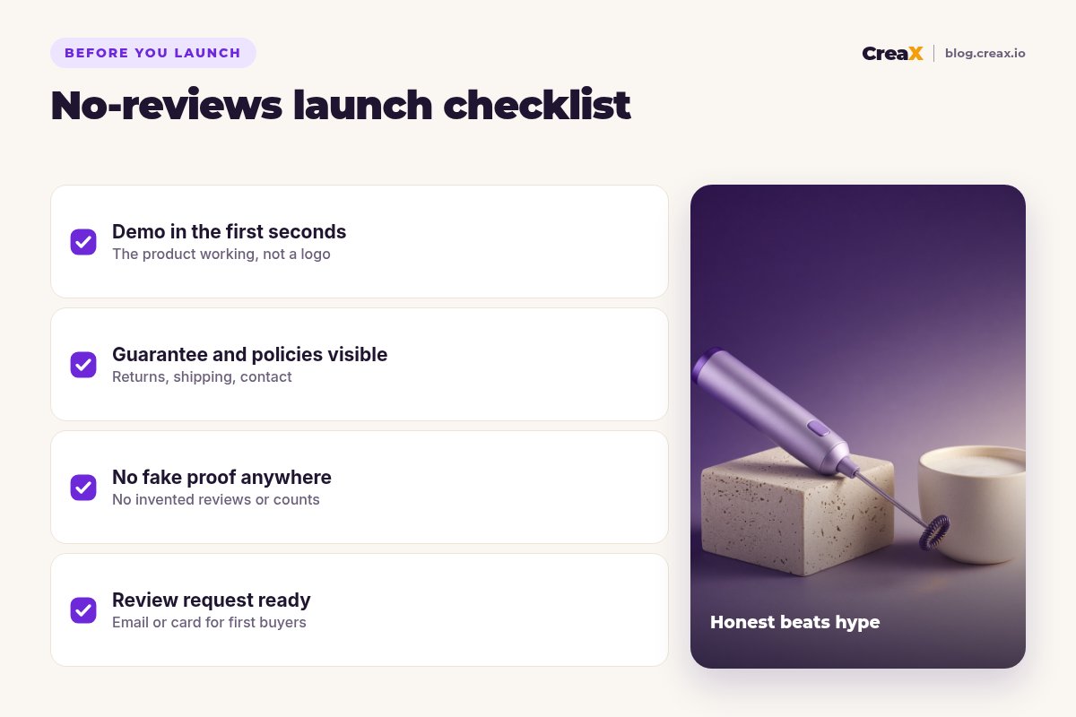 No-reviews launch checklist: demo in the first seconds, guarantee and policies visible, no fake proof anywhere, review request ready.
