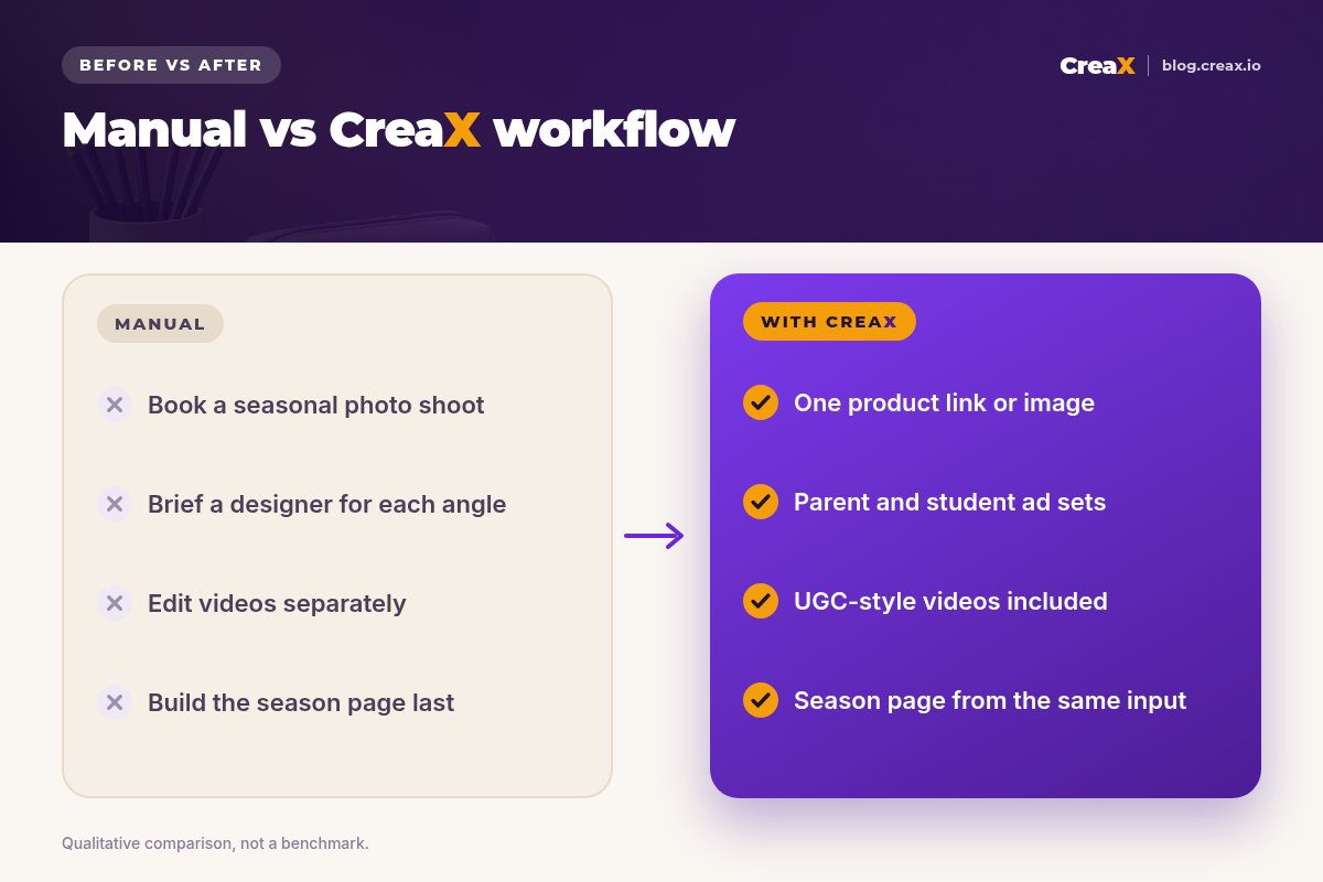 Before and after: the manual back-to-school workflow books a shoot, briefs a designer for each angle, edits videos separately and builds the page last; with CreaX one product link gives parent and student ad sets, UGC-style videos and the season page.