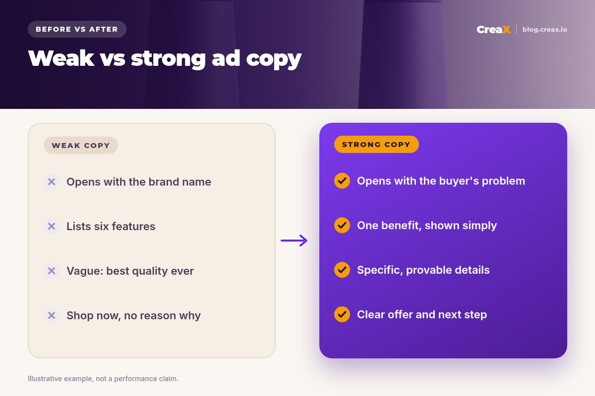 Before and after ad copy: weak copy opens with the brand name, lists six features, says best quality ever and ends with shop now; strong copy opens with the buyer's problem, shows one benefit, uses provable details and ends with a clear offer.