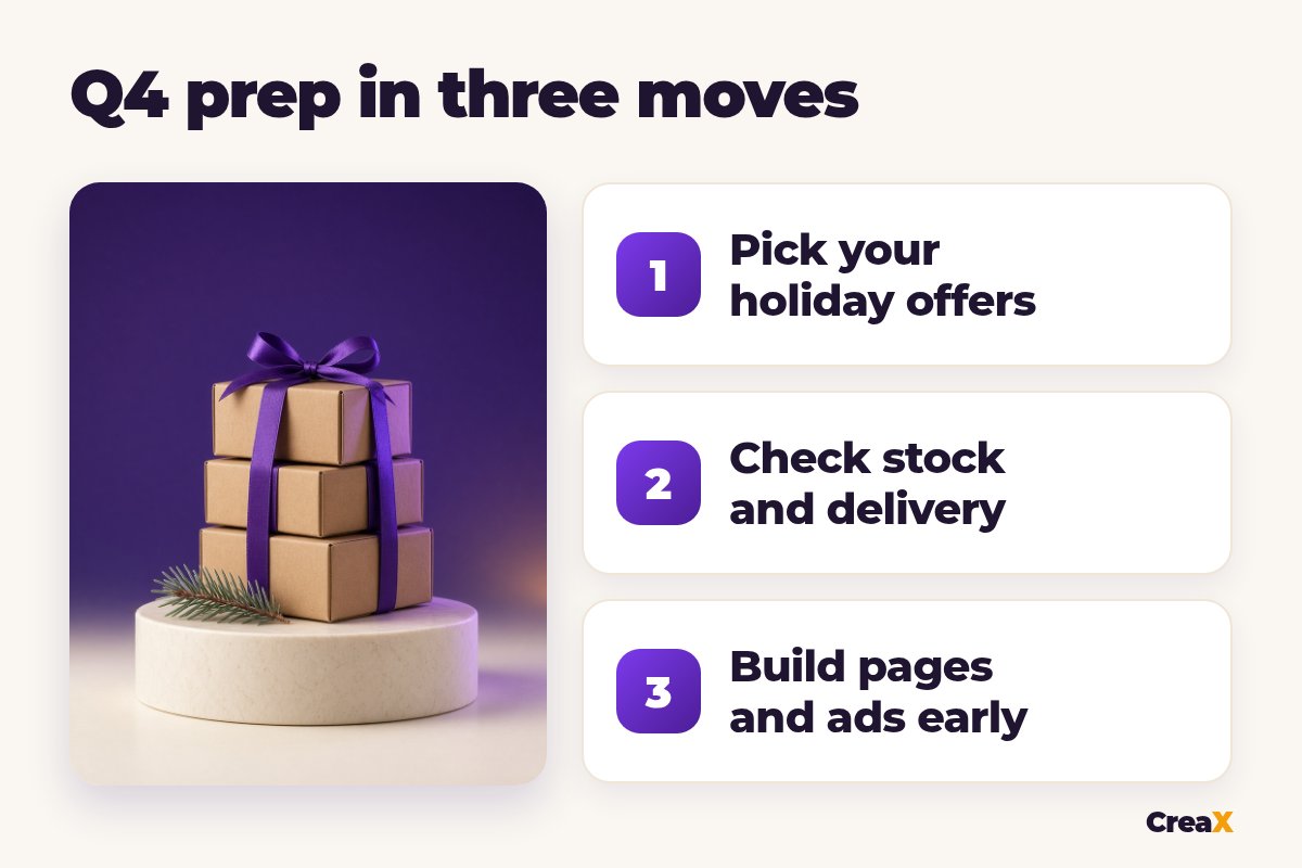 Three steps to prepare for Q4: pick your holiday offers, check stock and delivery, build pages and ads early.