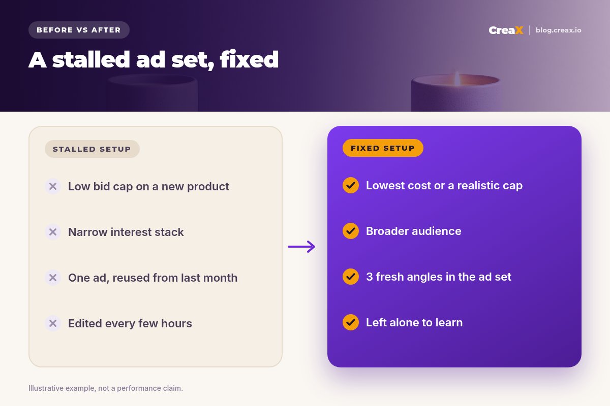 Before and after: a stalled setup with a low bid cap, a narrow interest stack, one reused ad and constant edits, versus a fixed setup with lowest cost or a realistic cap, a broader audience, three fresh angles and no edits while learning.
