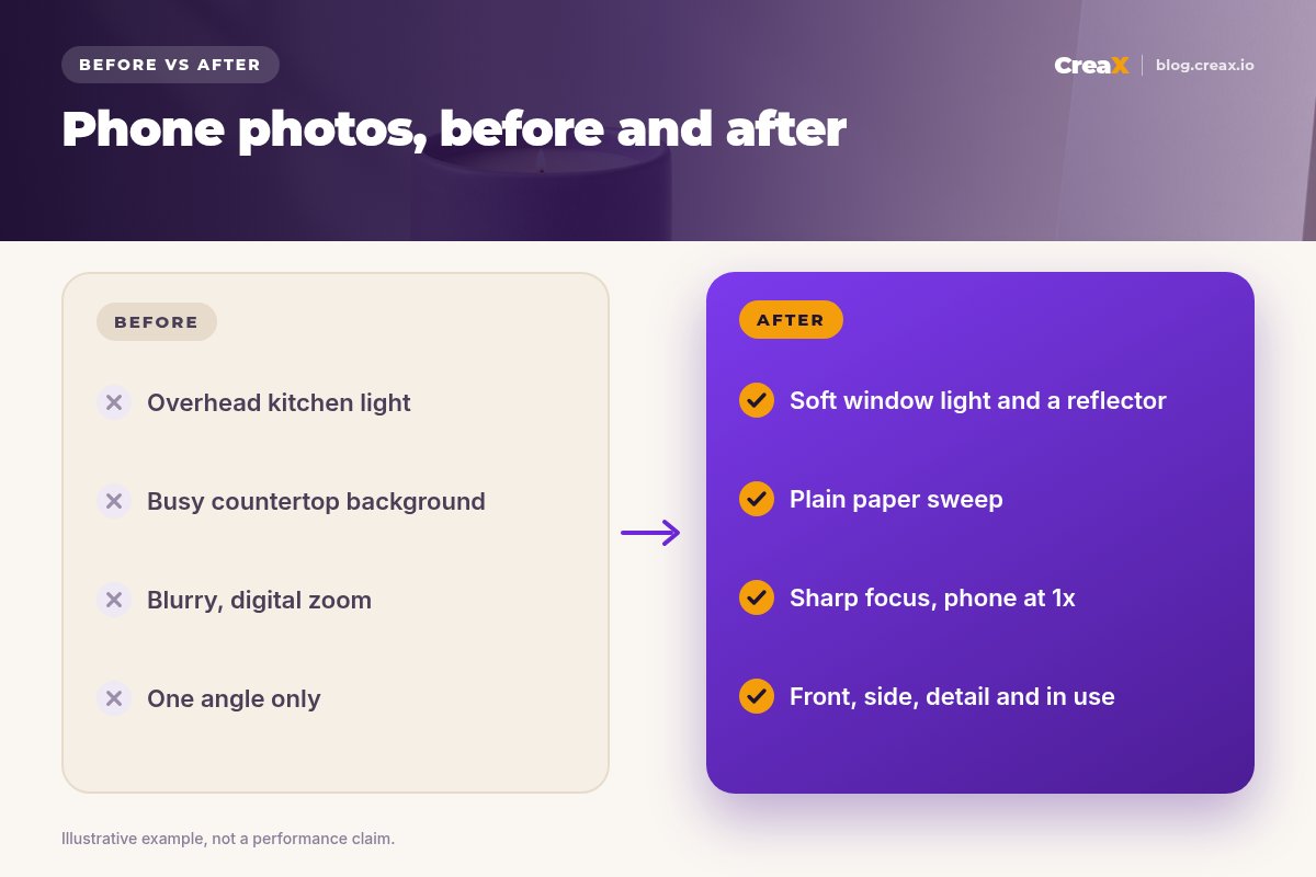 Before and after phone product photos: before (overhead kitchen light, busy countertop background, blurry with digital zoom, one angle only) versus after (soft window light and a reflector, plain paper sweep, sharp focus at 1x, front, side, detail and in-use angles).