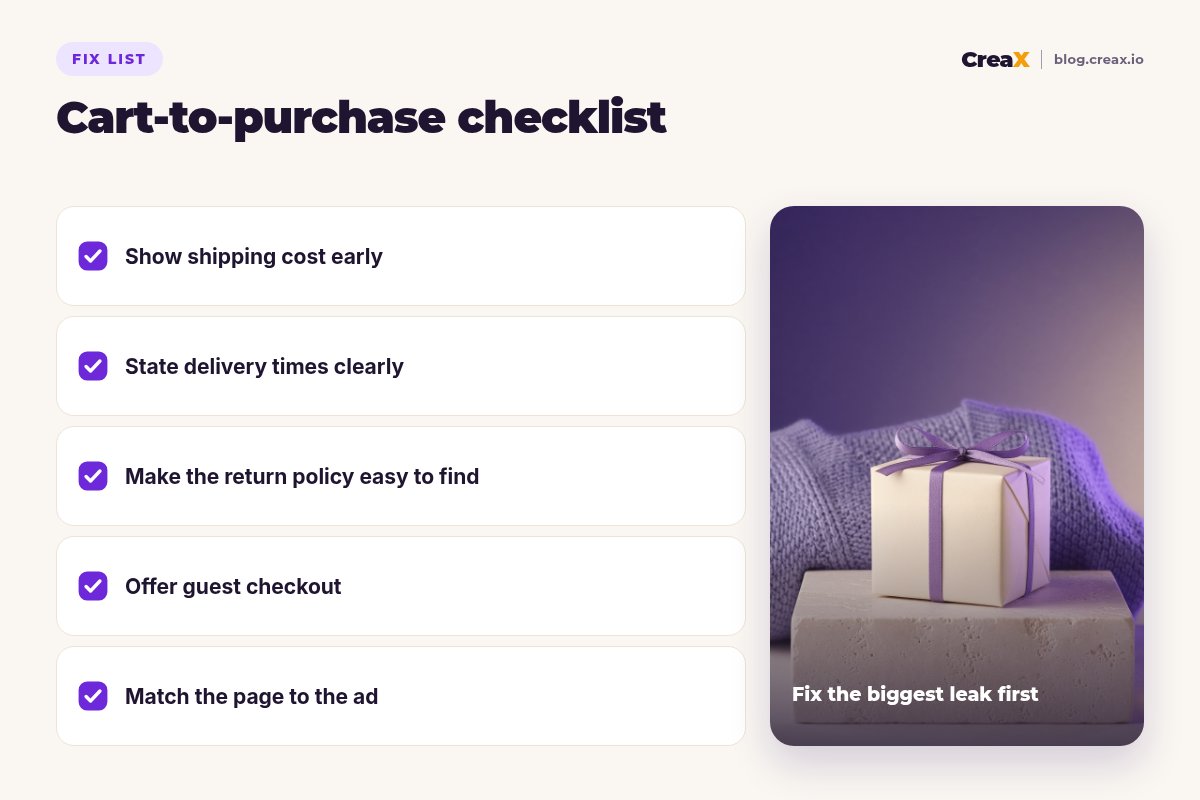 Cart-to-purchase checklist: show shipping cost early, state delivery times clearly, make the return policy easy to find, offer guest checkout, match the page to the ad.
