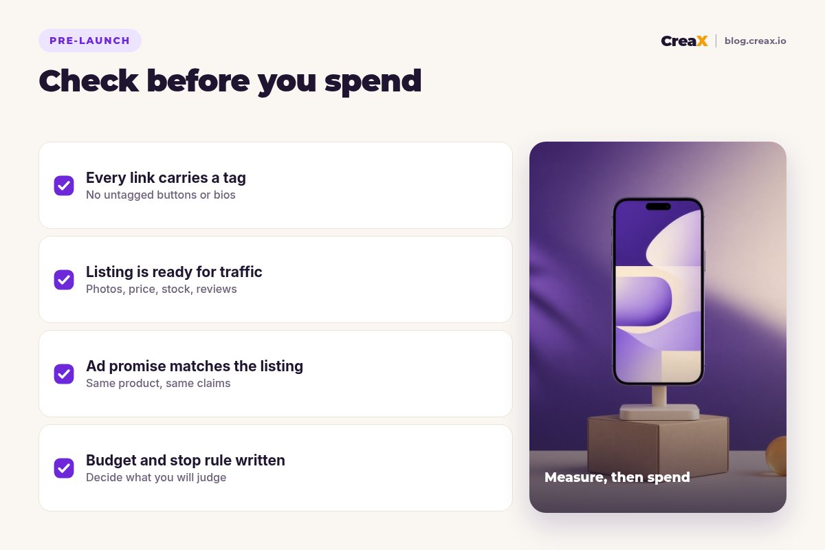 Pre-launch checklist: every link carries an Amazon Attribution tag, the listing is ready for traffic, the ad promise matches the listing, budget and stop rule are written down.