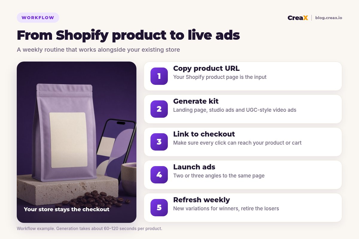 Five-step workflow for Shopify sellers: copy the product URL, generate the kit (landing page, studio ads, UGC-style video ads), link to checkout, launch ads with two or three angles, refresh weekly.