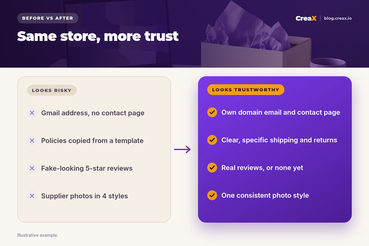 Before and after: a risky-looking store with a Gmail address, template policies, fake-looking reviews and mixed supplier photos, improved with a domain email and contact page, clear shipping and returns, real reviews and one consistent photo style.