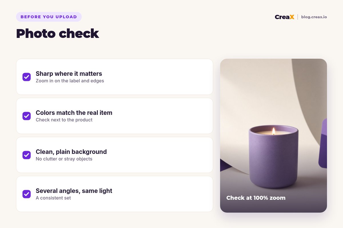 Photo check before you upload: sharp where it matters, colors match the real item, clean plain background, several angles in the same light.