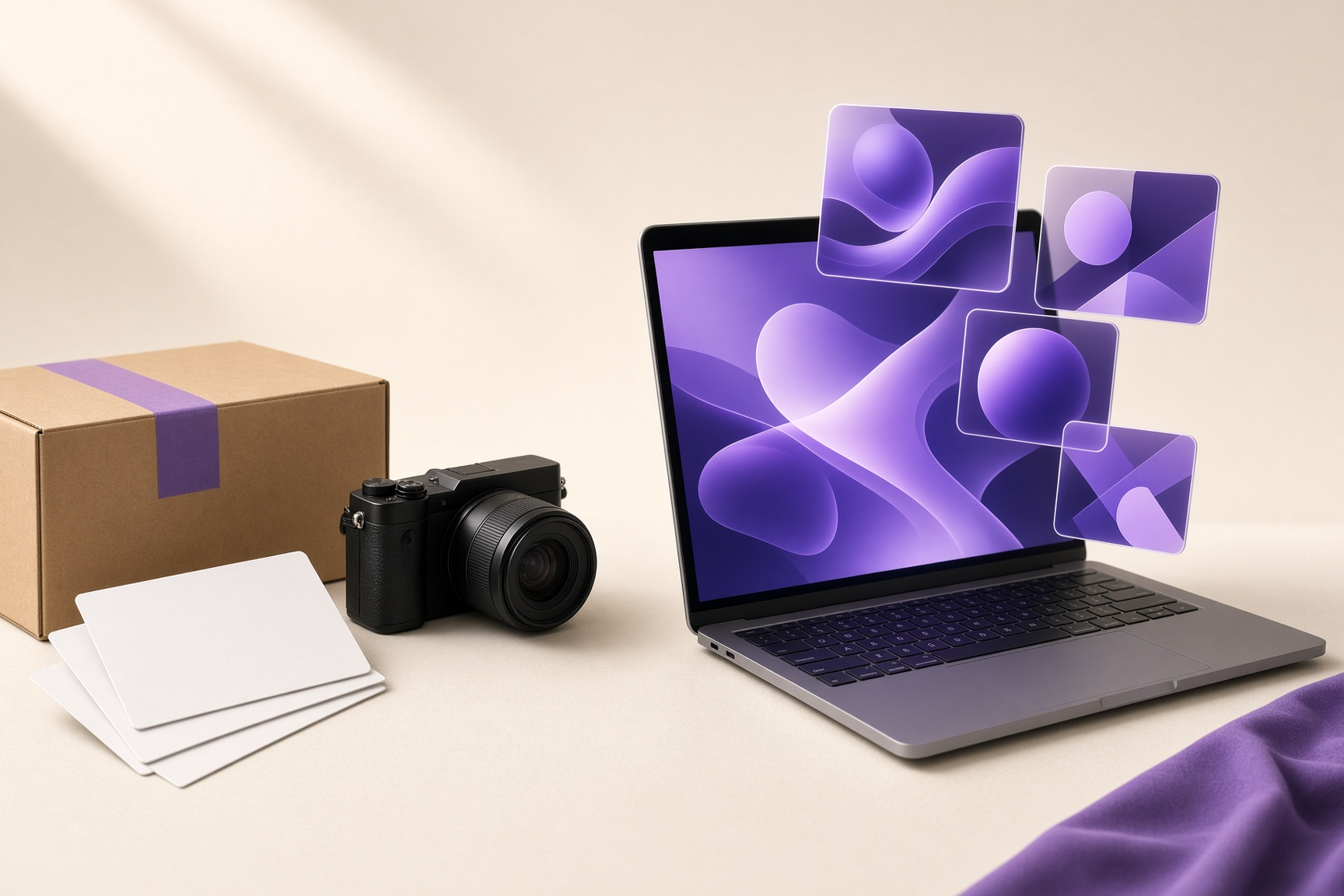 Desk split between shipping boxes and creator briefs on the left and a laptop generating abstract video thumbnails on the right