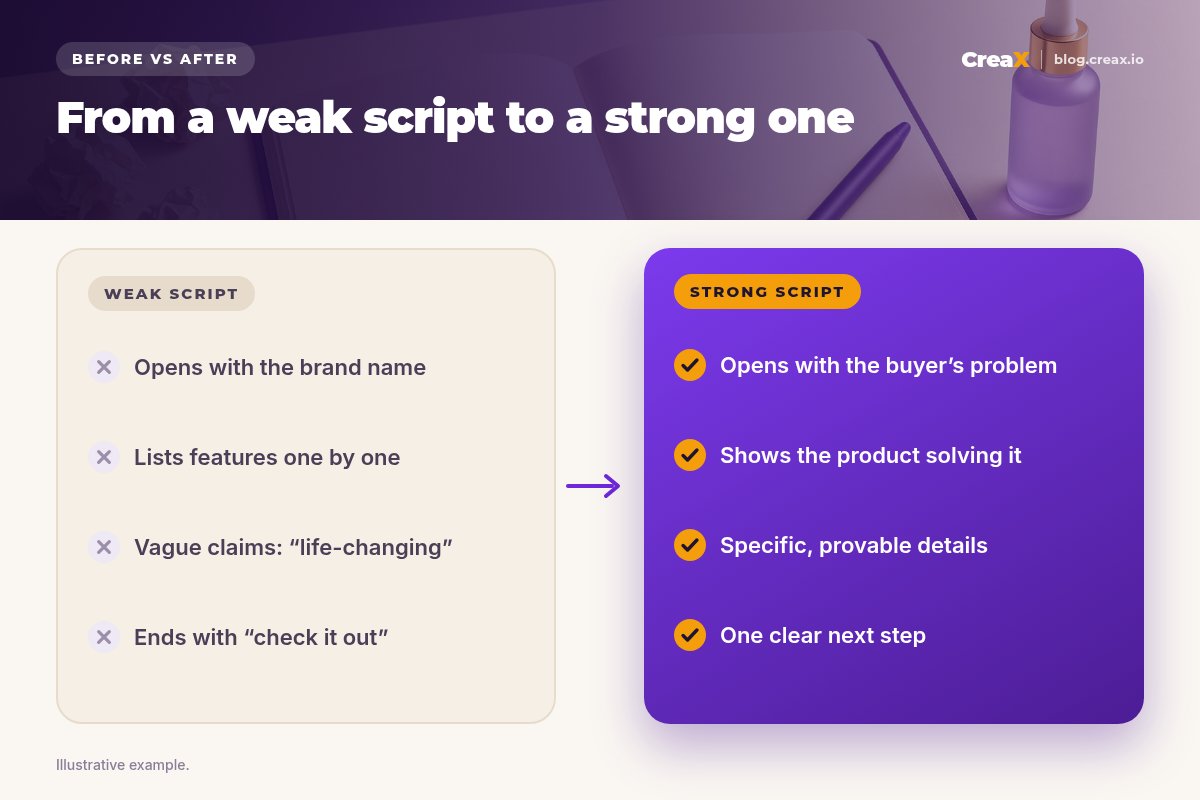 Before and after panel: a weak UGC script that opens with the brand name, lists features, uses vague claims and ends with check it out, versus a strong script that opens with the buyer's problem, shows the product solving it, uses specific provable details and ends with one clear next step.