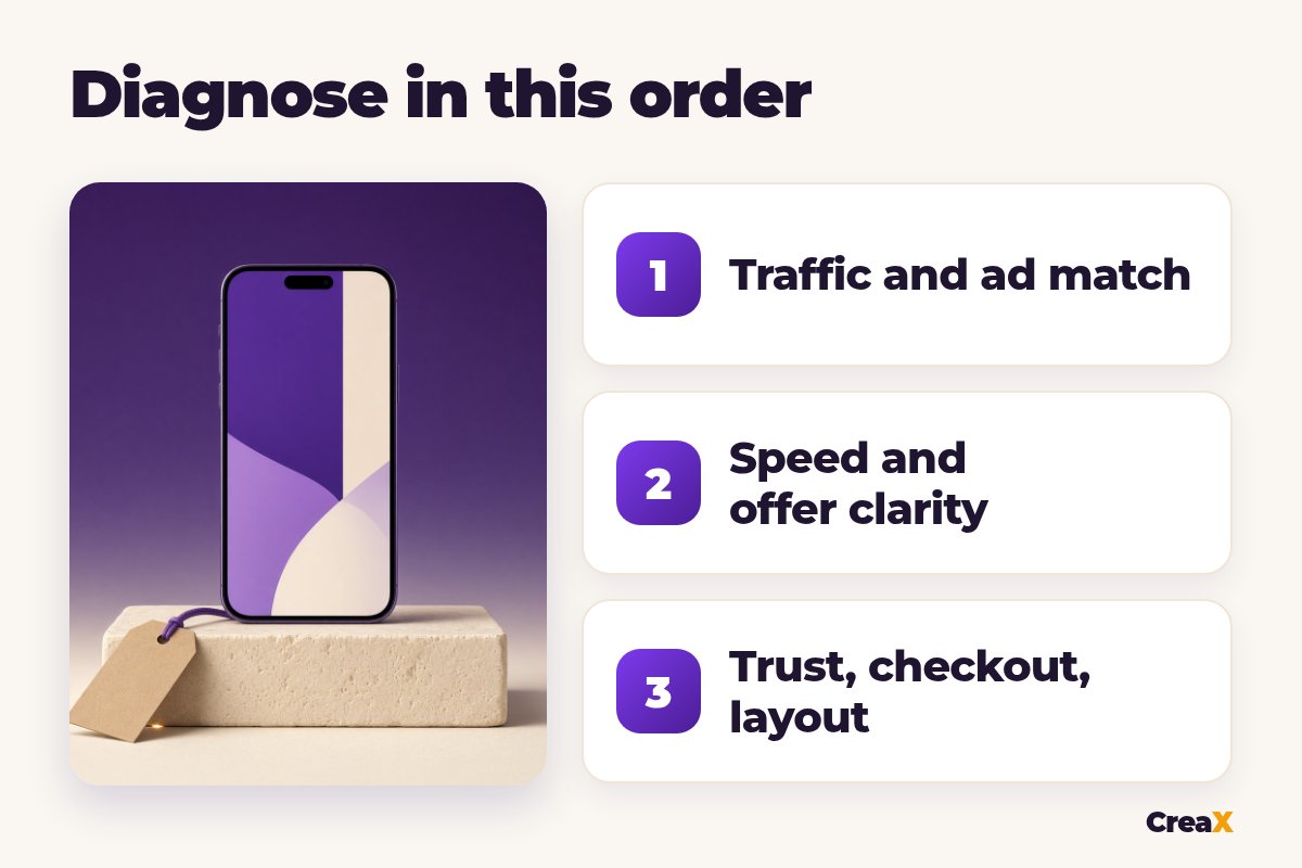 Three-stage order to diagnose a Black Friday landing page: traffic and ad match, then speed and offer clarity, then trust, checkout and layout.