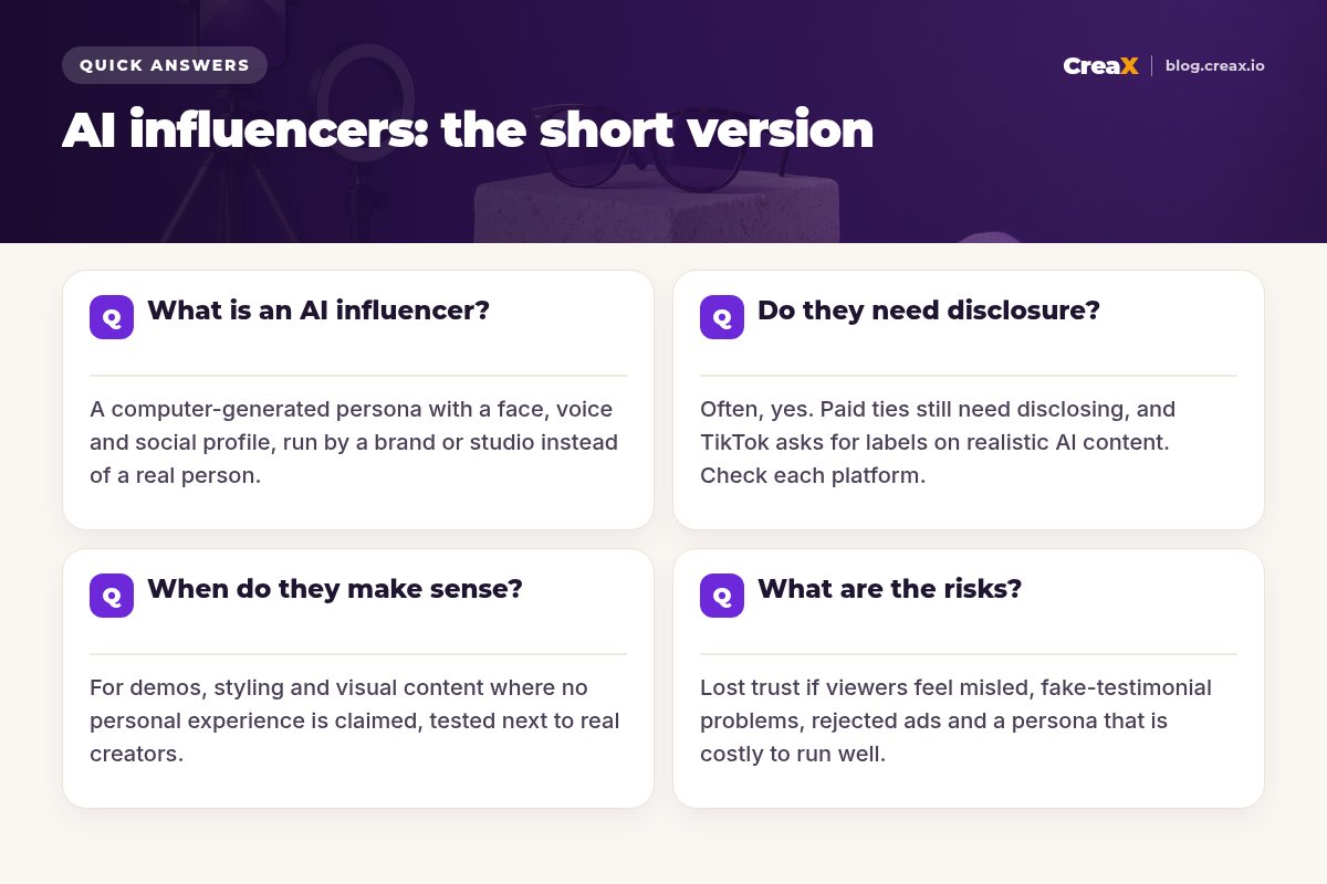 FAQ card with four quick answers: what an AI influencer is, whether they need disclosure, when they make sense, and what the risks are.
