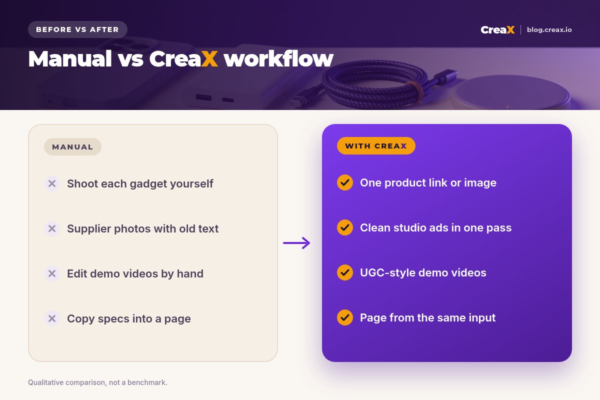 Before and after: the manual workflow (shoot each gadget yourself, supplier photos with old text, edit demo videos by hand, copy specs into a page) versus CreaX (one product link or image, clean studio ads in one pass, UGC-style demo videos, page from the same input).