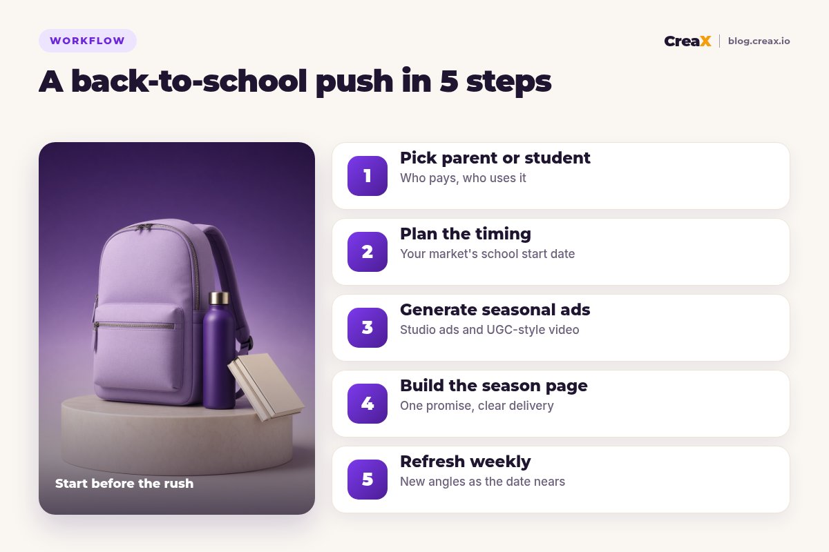 Five-step back-to-school workflow with CreaX: pick parent or student, plan the timing, generate seasonal ads, build the season page, refresh weekly.