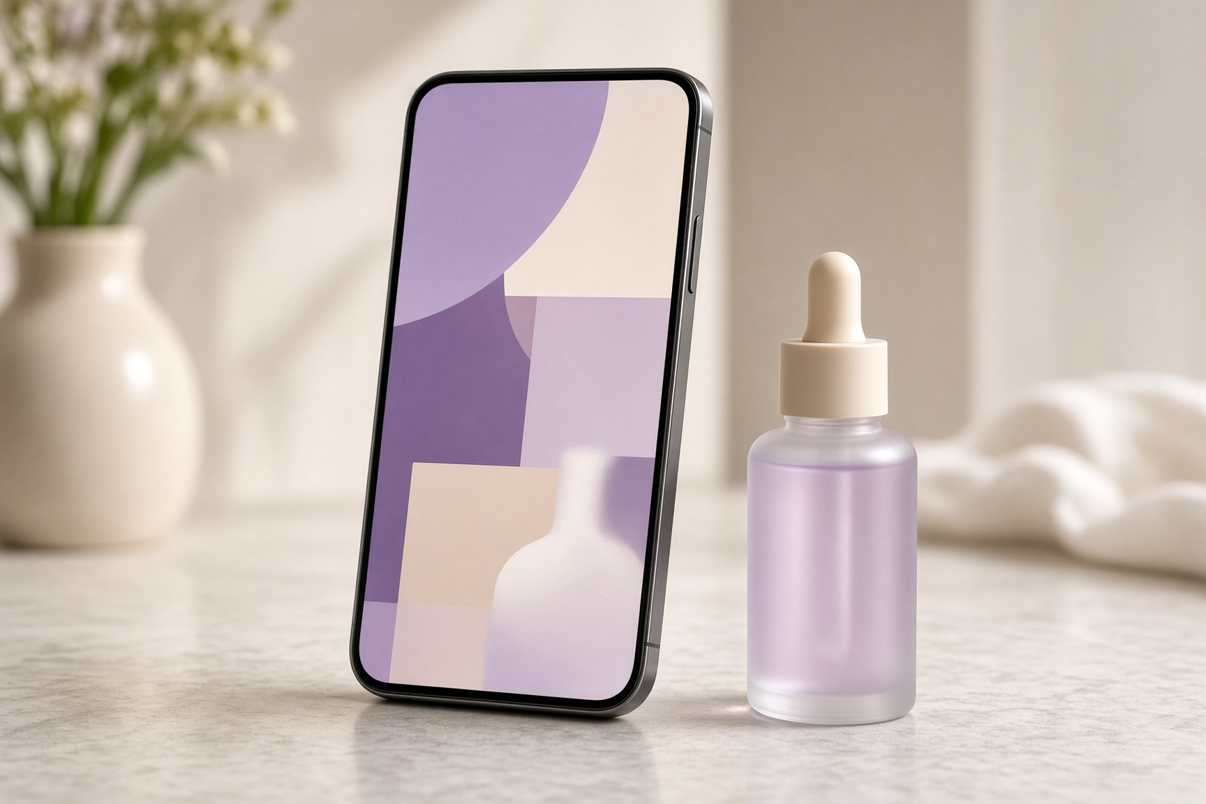 Smartphone on a kitchen counter showing an abstract vertical UGC-style video layout next to a small skincare bottle
