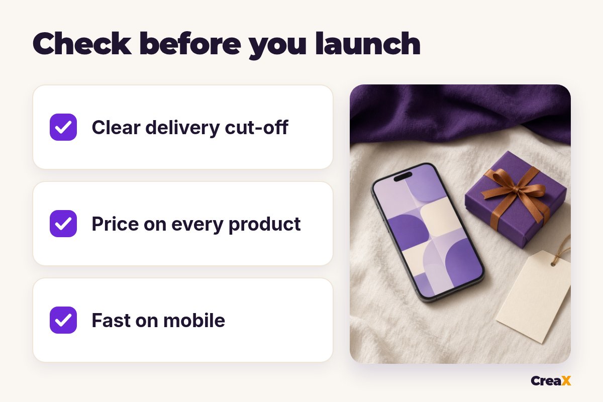 Pre-launch checklist for a gift guide page: clear delivery cut-off, price on every product, fast on mobile.