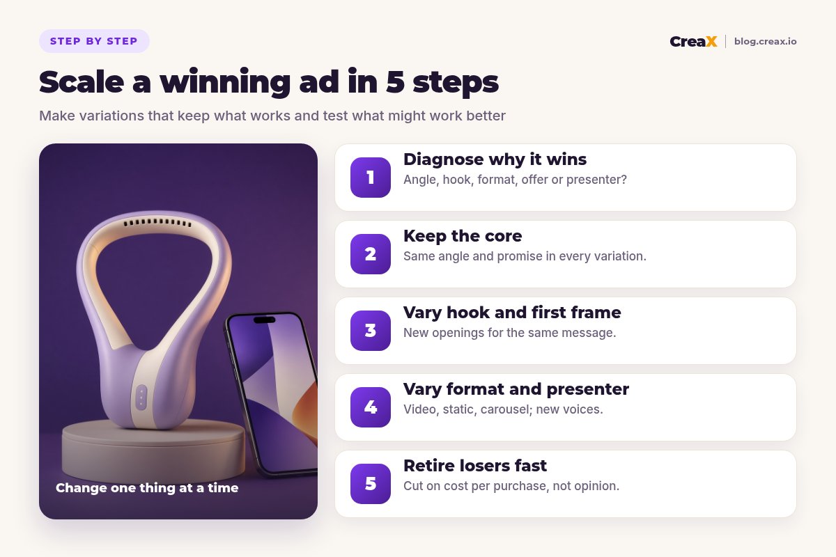 Five steps to scale a winning ad: diagnose why it wins, keep the core, vary the hook and first frame, vary format and presenter, retire losers fast.