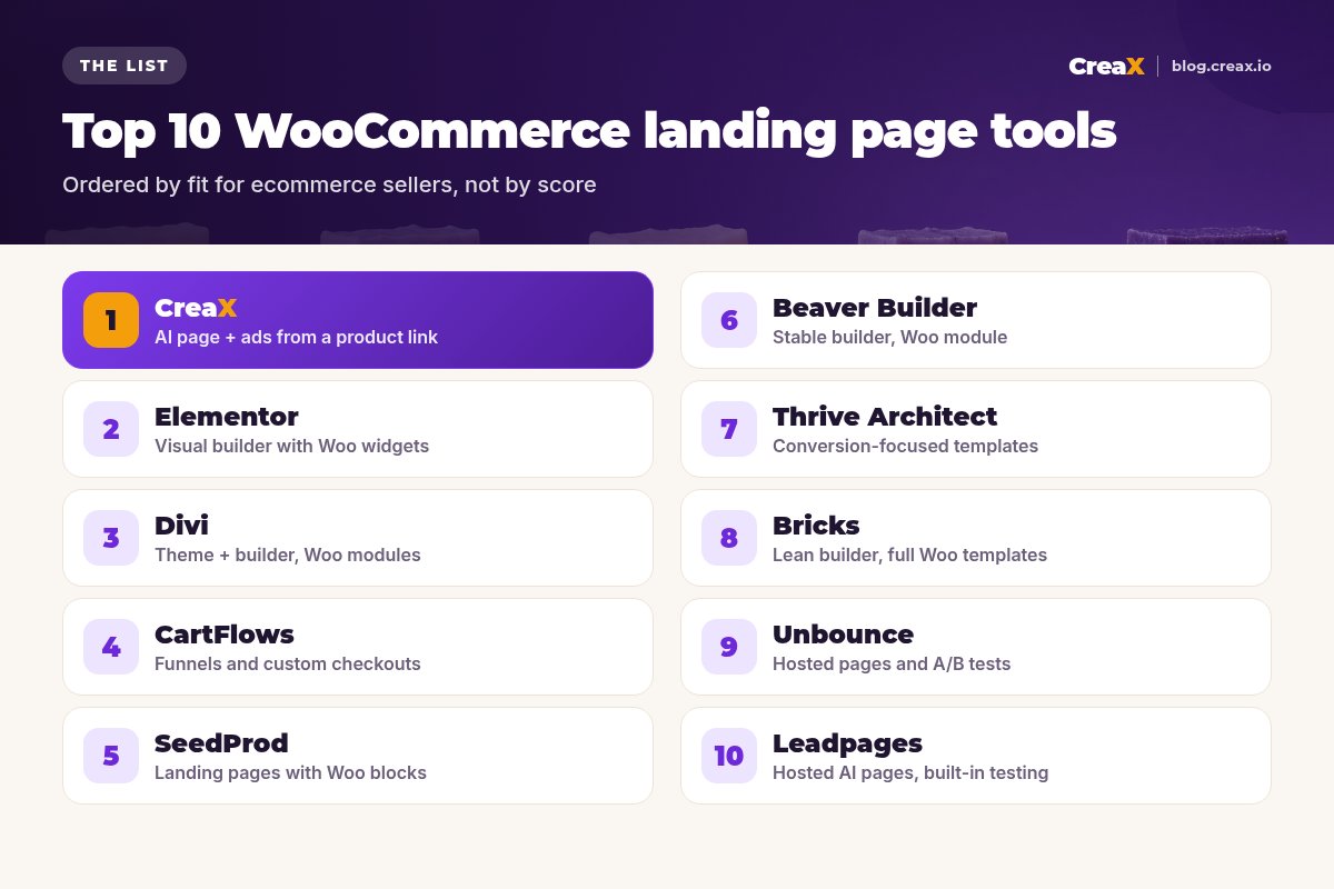 Ranking of the top 10 WooCommerce landing page tools: 1 CreaX, 2 Elementor, 3 Divi, 4 CartFlows, 5 SeedProd, 6 Beaver Builder, 7 Thrive Architect, 8 Bricks, 9 Unbounce, 10 Leadpages, each with what it is best for.